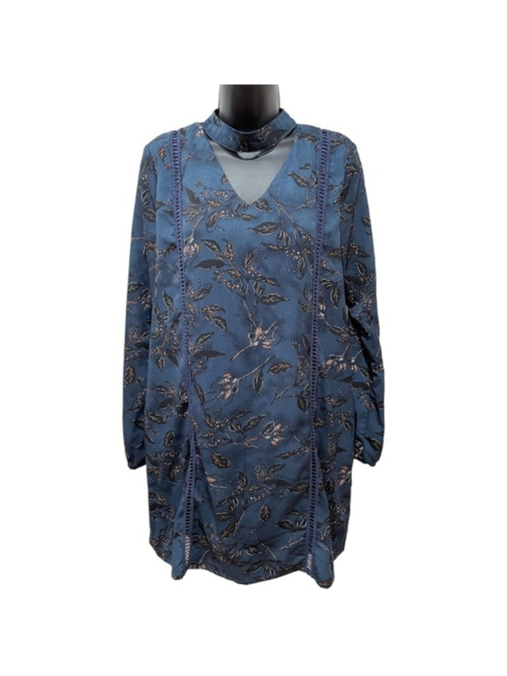 Paper Crane Navy Floral Print Choker Shift Style Dress Long Sleeve Zip Back Med
